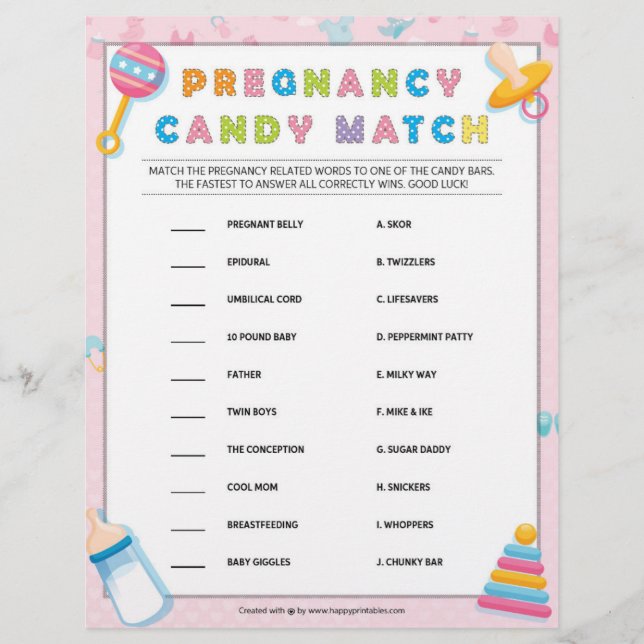 Schwangerschaft Candy Match [Baby Basics Pink] Briefbogen (Vorderseite)