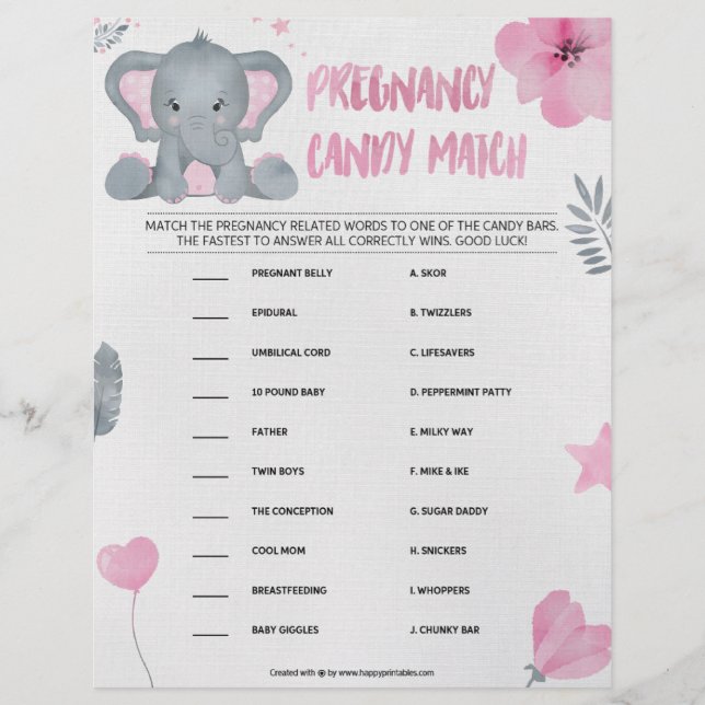 Schwangerschaft Candy Match [Baby Elephant [Pink] Briefbogen (Vorderseite)