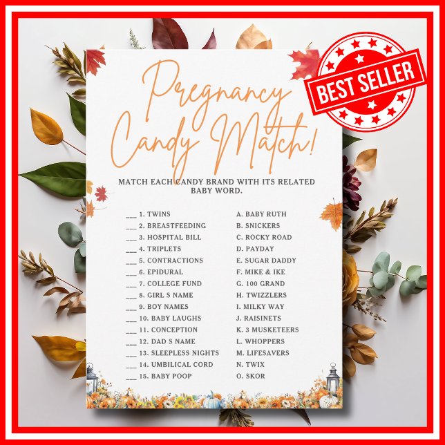 SCHWANGERSCHAFT KANDY MATCH Baby Showspiel PUMPKIN Einladung (PREGNANCY CANDY MATCH Easy Baby Shower Game A Little Pumpkin is on the Way Fall Autumn Theme)