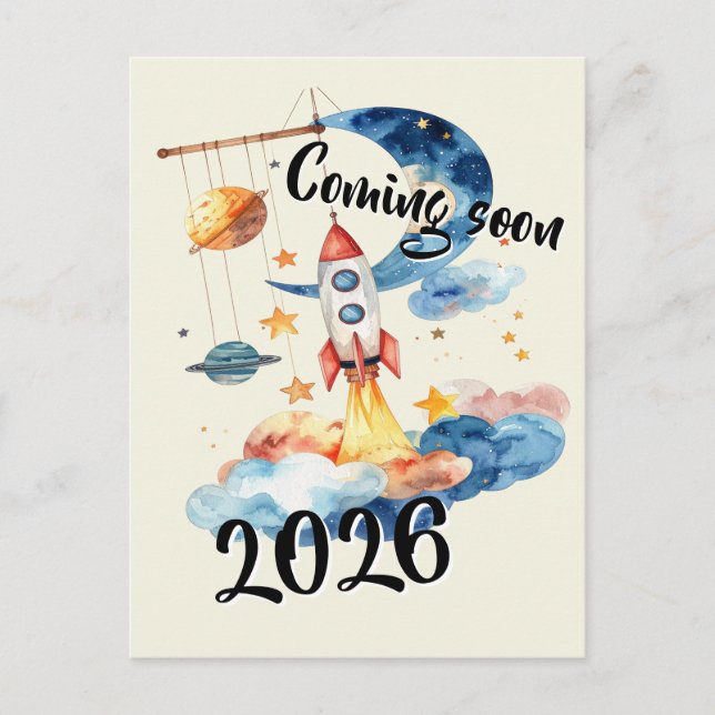 Schwangerschaft verkünden 2026 Rakete Weltraum  Postkarte (Vorderseite)