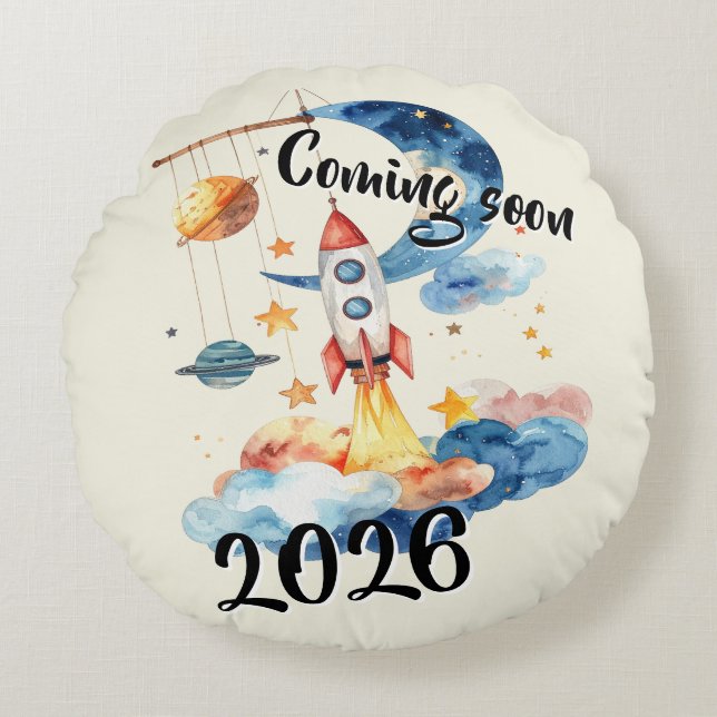 Schwangerschaft verkünden 2026 Rakete Weltraum  Rundes Kissen (Vorderseite)