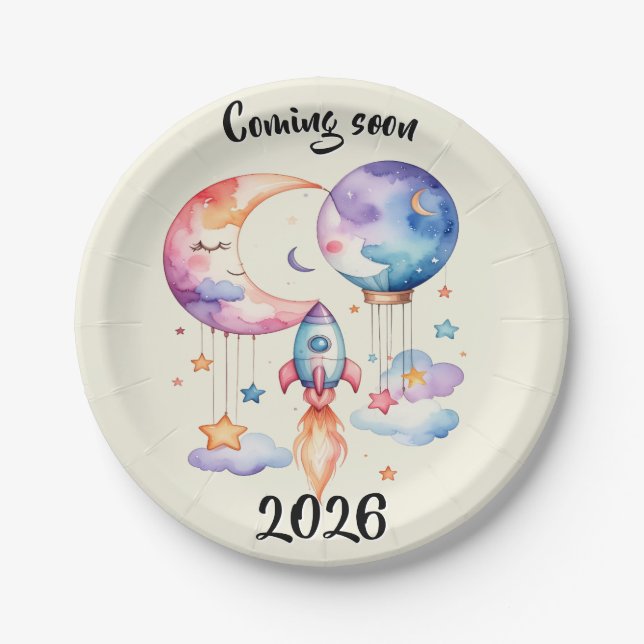 Schwangerschaft verkünden Aquarell Heißluftballon  Pappteller (Vorderseite)