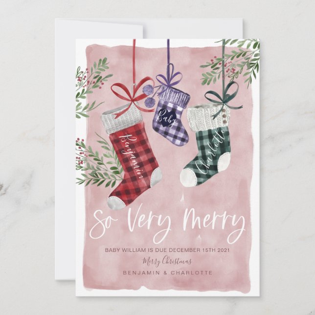 Schwangerschaftsankündigung Strumpf der Wasserfarb Feiertagskarte (Vorderseite)