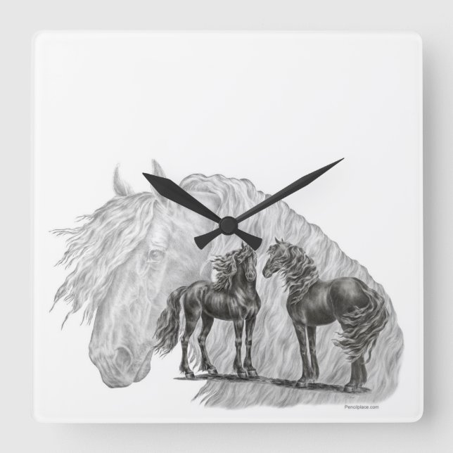 Schwänze von Black Friesian Horses Manes Quadratische Wanduhr (Vorderseite)