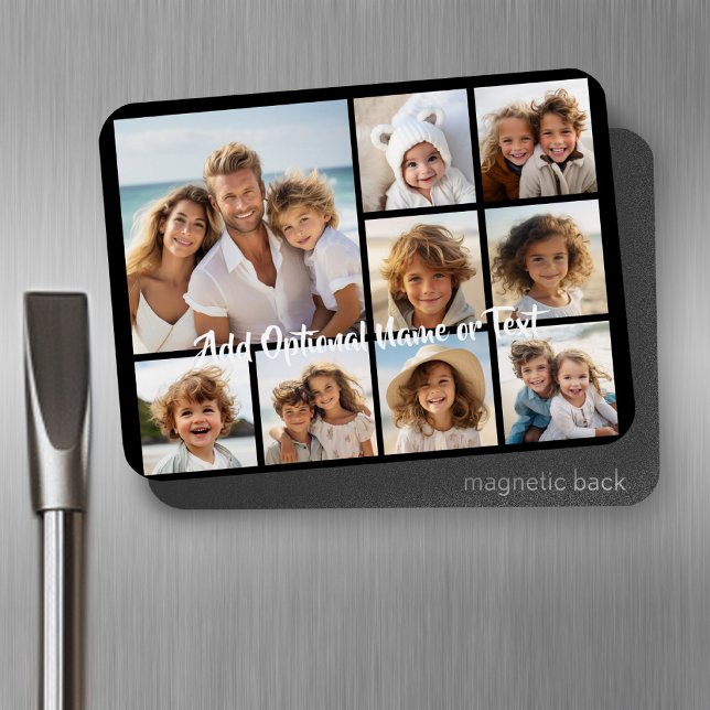 Schwarz 9 Foto Square Collage - mit Skript weiß Magnet (Personalized fridge magnet - add photos and custom text)