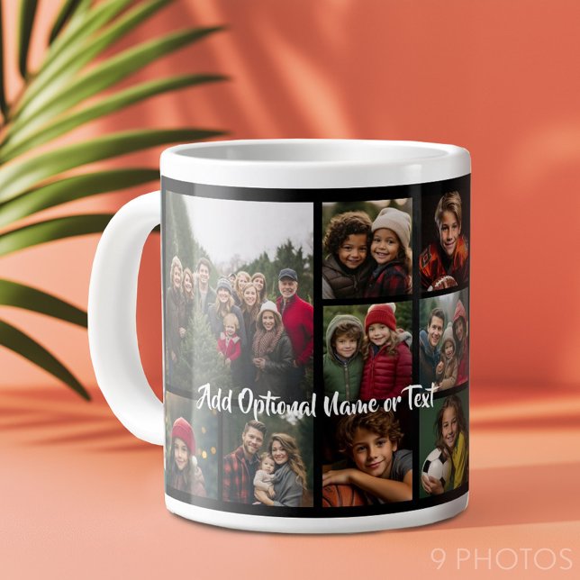 Schwarz 9 Foto Square Collage - mit Skriptweiß Jumbo-Tasse (Add 9 photos to this personalized coffee mug.)