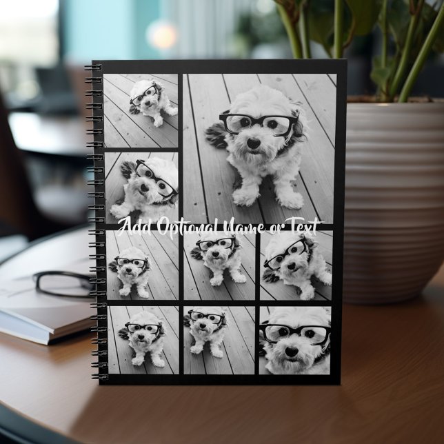 Schwarz 9 Foto Square Collage - mit Skriptweiß Notizblock (Personalized notebook with photos and text)