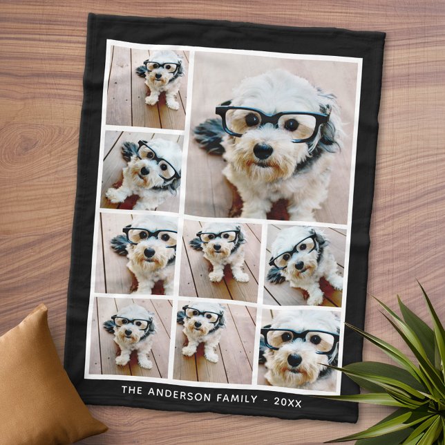 Schwarz 9 Quadrat FotoCollage mit weißem Text Fleecedecke (Personalized Fleece Blanket - Add Photos and Text or Customize completely in advanced design area)