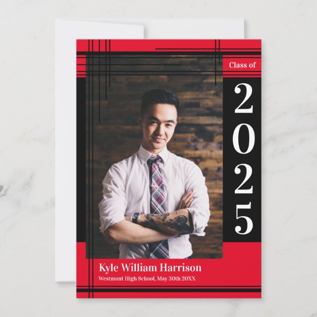 Schwarz-Abschluss-Foto der Schule Kariert Einladung (Vorderseite)