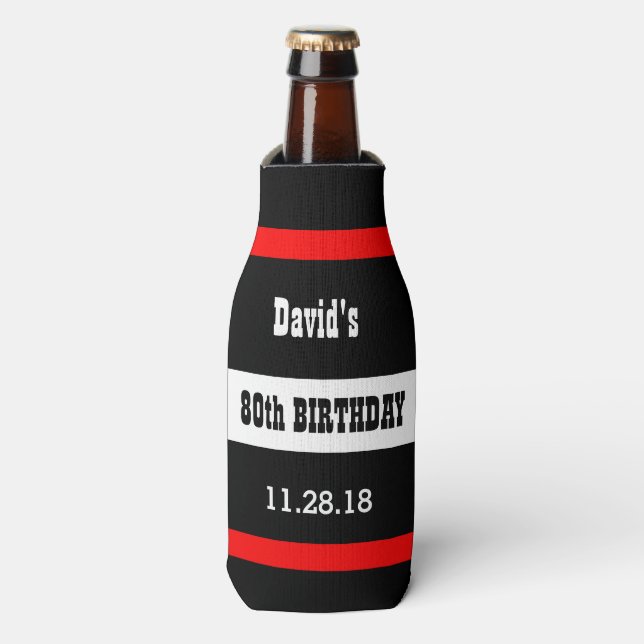 Schwarz am 80. Geburtstag mit rotem Rahmen Custom  Flaschenkühler (Flaschenvorderseite)