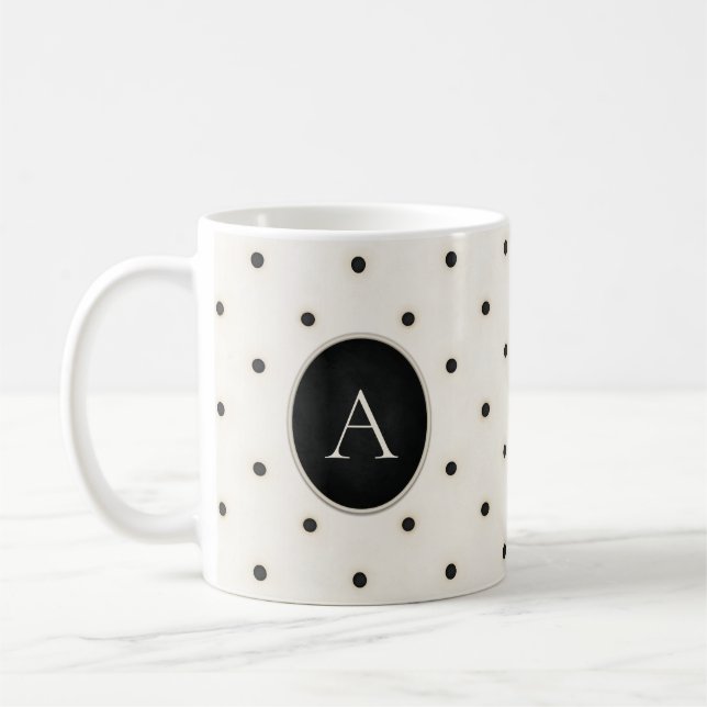 Schwarz-Antike weiße Polka Punkte Mit Monogramm Kaffeetasse (Links)