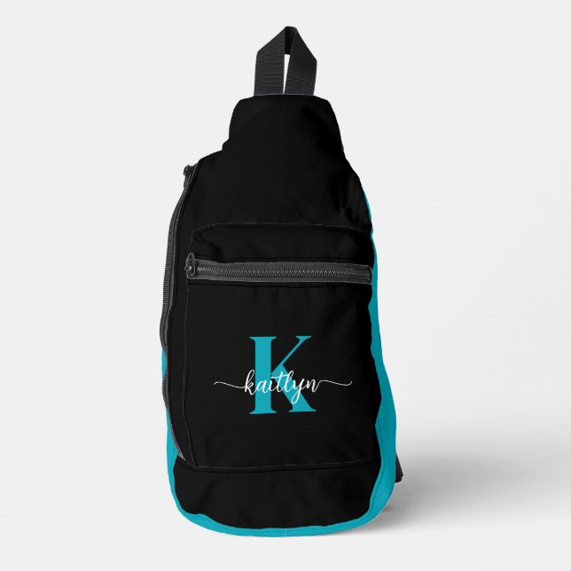 Schwarz-Aquamarin-Monogramm Crossbody Bag (Vorderseite)