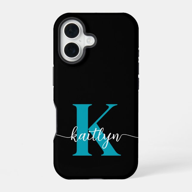 Schwarz-Aquamarin-Monogramm iPhone 16 Hülle (Rückseite)