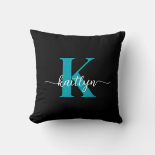 Schwarz-Aquamarin-Monogramm Kissen