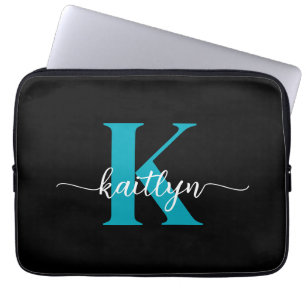 Schwarz-Aquamarin-Monogramm Laptopschutzhülle