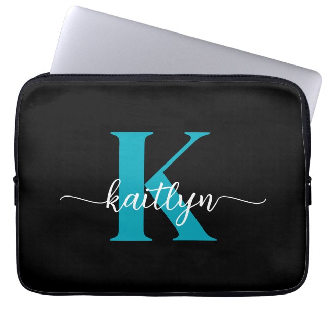 Schwarz-Aquamarin-Monogramm Laptopschutzhülle (Vorderseite)