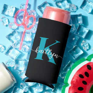 Schwarz-Aquamarin-Monogramm Selters Dosenkühler