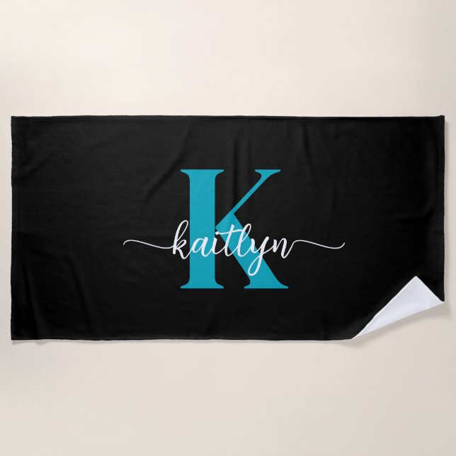 Schwarz-Aquamarin-Monogramm Strandtuch (Vorderseite)