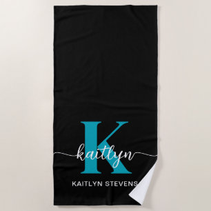 Schwarz-Aquamarin-Monogramm Strandtuch