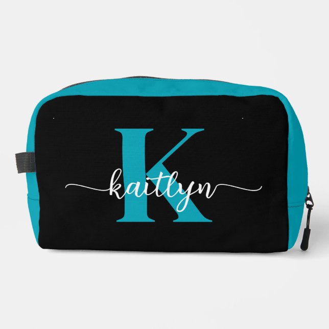 Schwarz-Aquamarin-Monogramm Waschbeutel (Vorderseite)