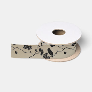 Schwarz auf Bronze Muster Vögel und Kirschblüten Satinband