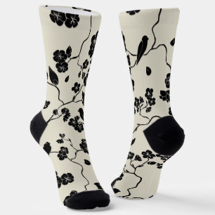 Schwarz auf Bronze Muster Vögel und Kirschblüten Socken