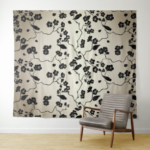 Schwarz auf Bronze Muster Vögel und Kirschblüten Wandteppich