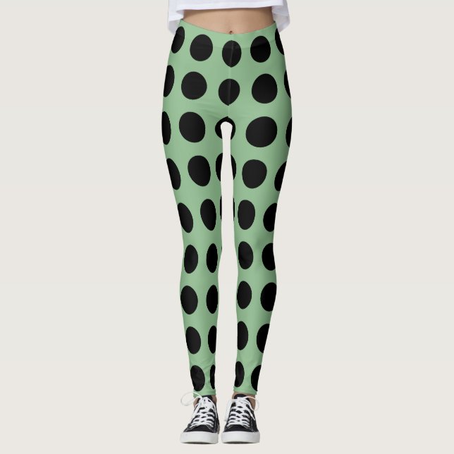 Schwarz auf Dunklem Meer Grün großen Horiz. Polka  Leggings (Vorderseite)