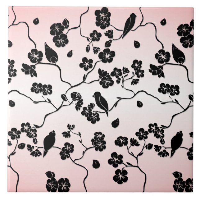 Schwarz auf rosa Muster Vögel und Kirschblüten  Fliese (Vorderseite)