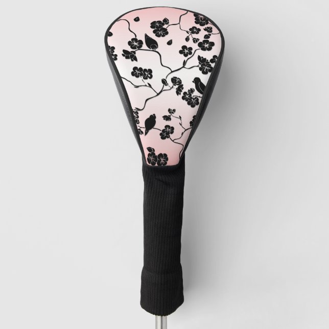 Schwarz auf rosa Muster Vögel und Kirschblüten Golf Headcover (Vorderseite)
