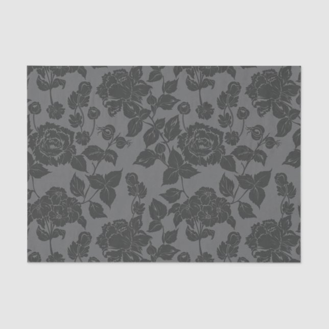 Schwarz auf schwarzer Rose Damask Blumenmuster Seidenpapier (Vorderseite)