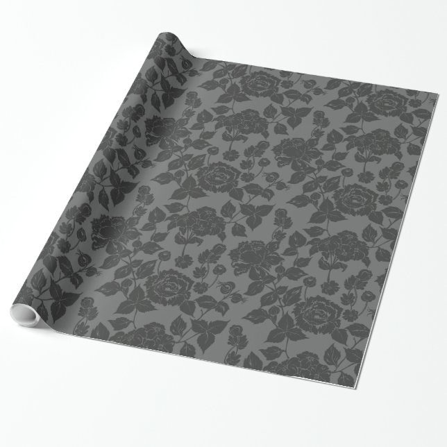 Schwarz auf schwarzer Rose Damask Floral Geschenkpapier (Ungerollt)
