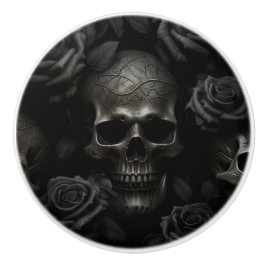 Schwarz auf Schwarzer Schädel und Rose Gotisches D Keramikknauf