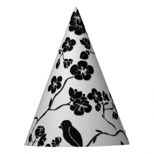 Schwarz auf Silber Muster Vögel und Kirschblüten Partyhütchen