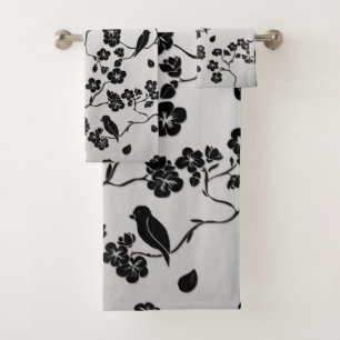 Schwarz auf Silbermustern Vögel und Kirschblüten Badhandtuch Set