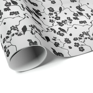 Schwarz auf Silbermustern Vögel und Kirschblüten Geschenkpapier