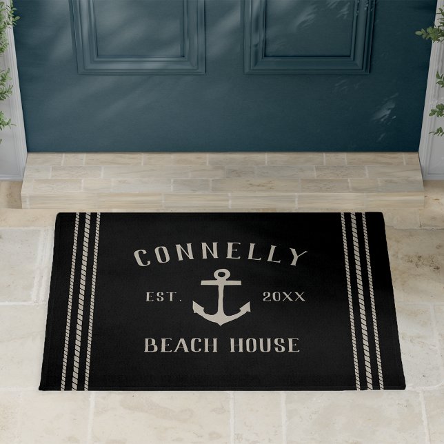 Schwarz | Beach House Rustic Anchor Personalisiert Fußmatte (Von Creator hochgeladen)