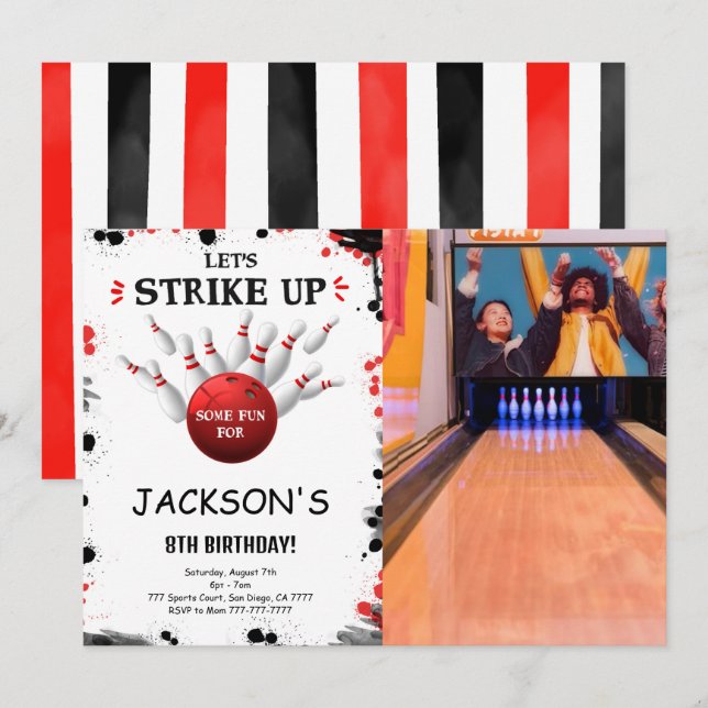 Schwarz bearbeitbarer Bowling Foto Einladung (Vorne/Hinten)