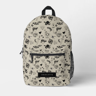 Schwarz & Beige Hand Dragezeichnetes Tattoo-Muster Bedruckter Rucksack