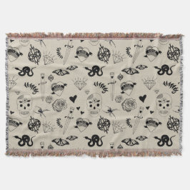 Schwarz & Beige Hand Dragezeichnetes Tattoo-Muster Decke