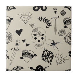 Schwarz & Beige Hand Dragezeichnetes Tattoo-Muster Fliese