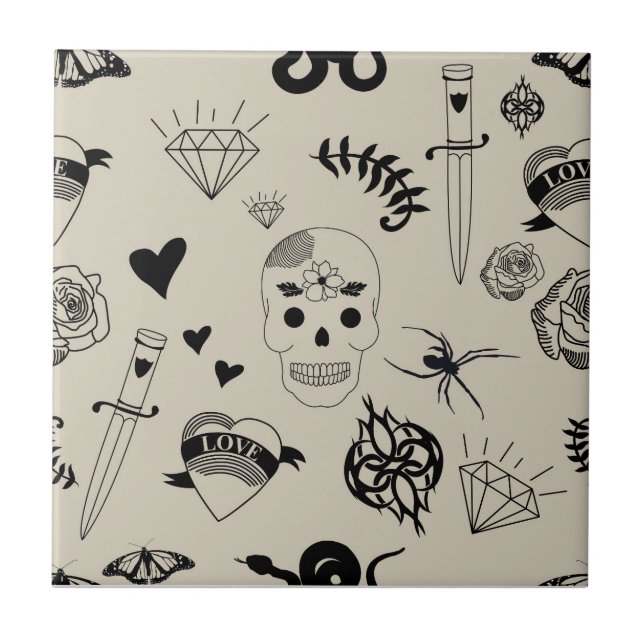 Schwarz & Beige Hand Dragezeichnetes Tattoo-Muster Fliese (Vorderseite)