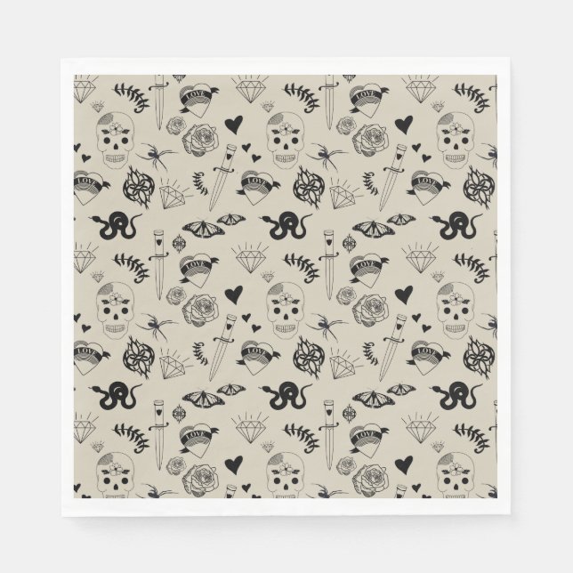 Schwarz & Beige Hand Dragezeichnetes Tattoo-Muster Serviette (Vorderseite)