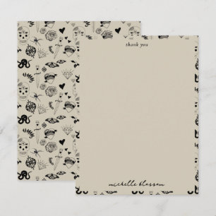 Schwarz & Beige Handgezeichnetes Tattoo-Muster Dankeskarte
