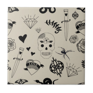 Schwarz & Beige Handgezeichnetes Tattoo-Muster Fliese