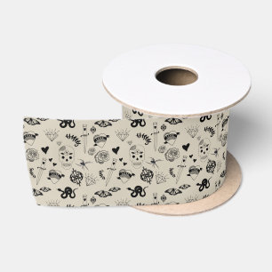 Schwarz & Beige Handgezeichnetes Tattoo-Muster Satinband
