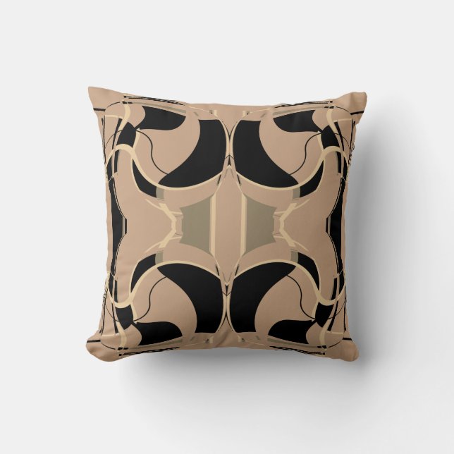 Schwarz Beige Taupe Tan Mittelmeer Scroll Mosaik Kissen (Vorderseite)