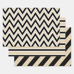 Schwarz, Beige und Weiß Chevron & Fette Streifen Geschenkpapier Set
