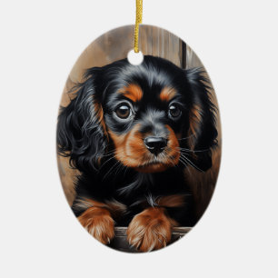Schwarz-Bein-Cavalier-Welpe Keramik Ornament