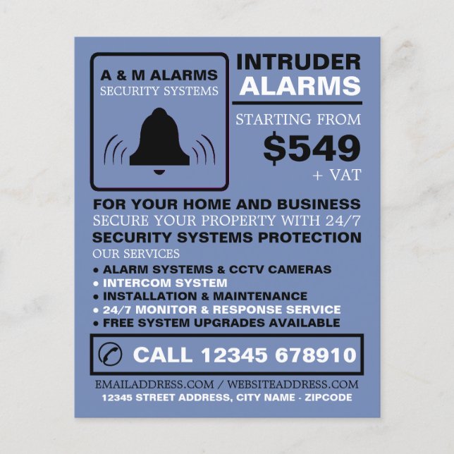 Schwarz/Blau-Alarm-Logo, Sicherheitsalarm-Service Flyer (Vorne)